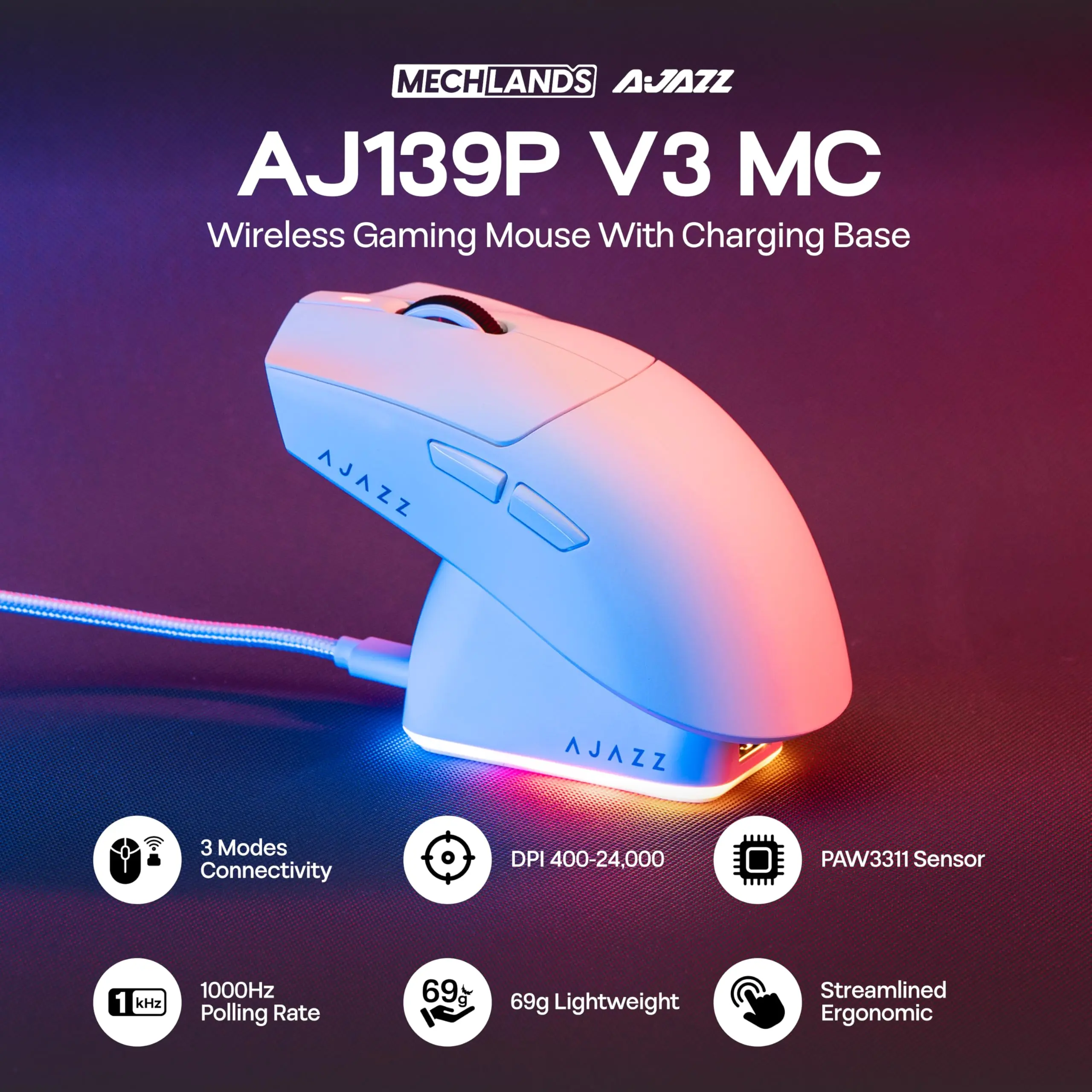 AJAZZ AJ139P V3 MC Wireless Gaming Macro Mouse, 800mAh Battery, PAW3311 Sensor, 1000Hz Polling Rate Mouse, 24000 DPI Adjustable Speed 6-Speed Computer Accessory