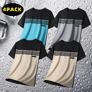 4-pack summer men’s quick-dry short-sleeve T-shirts, crew neck striped ice silk quick-dry training tops; essential for outdoor activities and home leisure. Crew neck street-style short-sleeve T-shirt, printed design graphic tee