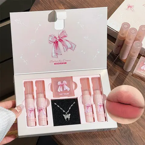 Lip Makeup Set, 6 Counts/set Long Lasting Matte Lipstick & Lip Gloss & Necklace, Birthday Gift for Women & Girls, Cosmetic