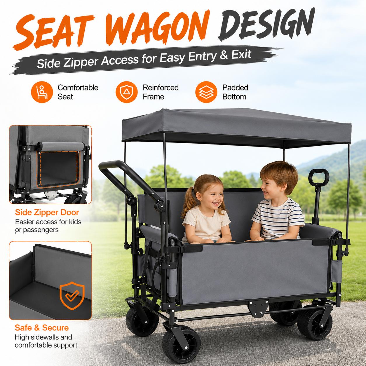 3-in-1 Collapsible Utility Wagon with 180L Capacity, Steel Frame, Bench Seat, Removable Canopy, Brake System, 500lbs Load, All-Terrain Wheels for Garden Camping-0028 3-in-1 Collapsible Utility Wagon with 180L Capacity, Steel Frame, Bench Seat, Removable Canopy, Brake System, 500lbs Load, All-Terrain Wheels for Garden Camping-0028