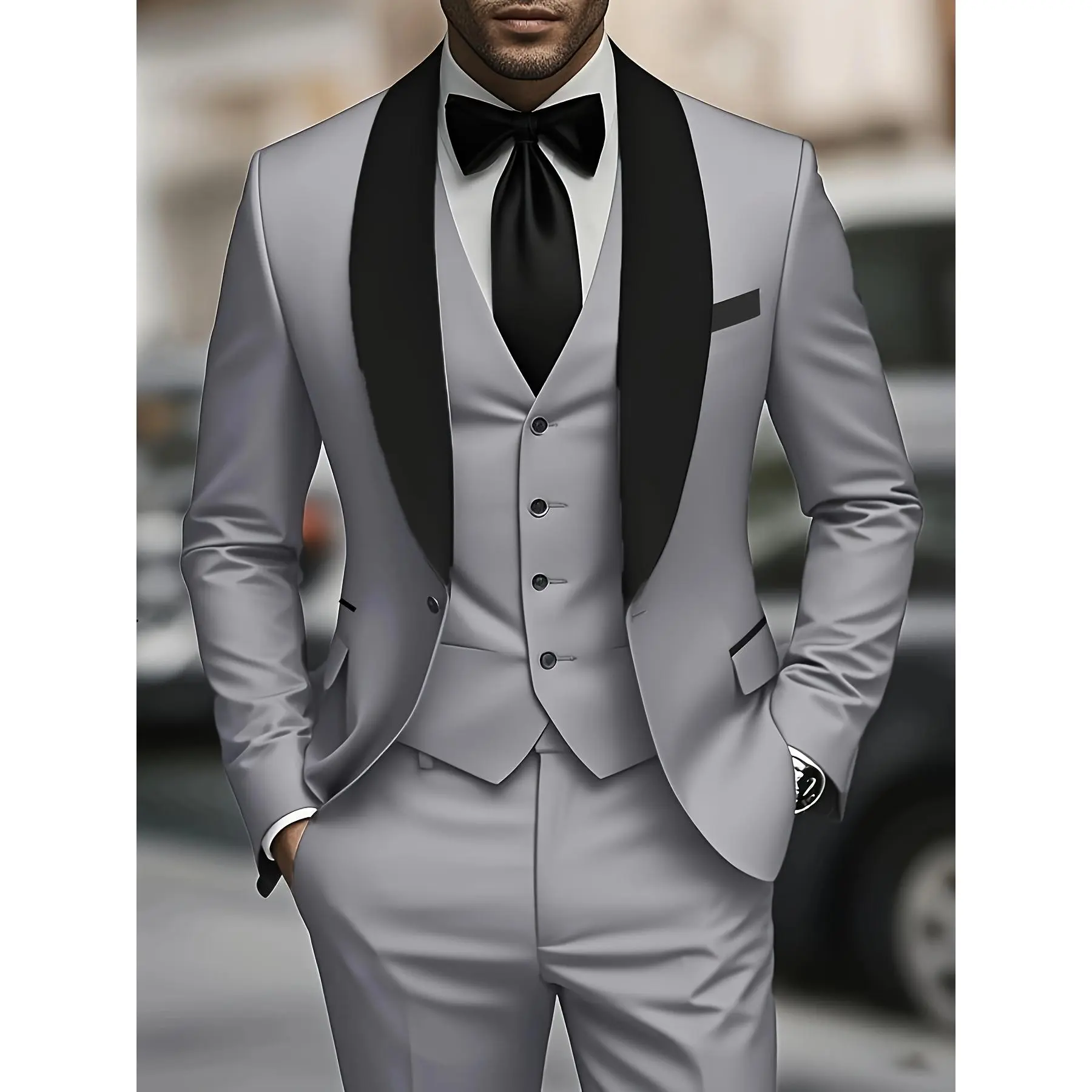Men's 3pcs suit, plain color green fruit collar suit with jacket and formal trousers, suitable for business gatherings, graduation ceremonies, weddings and parties