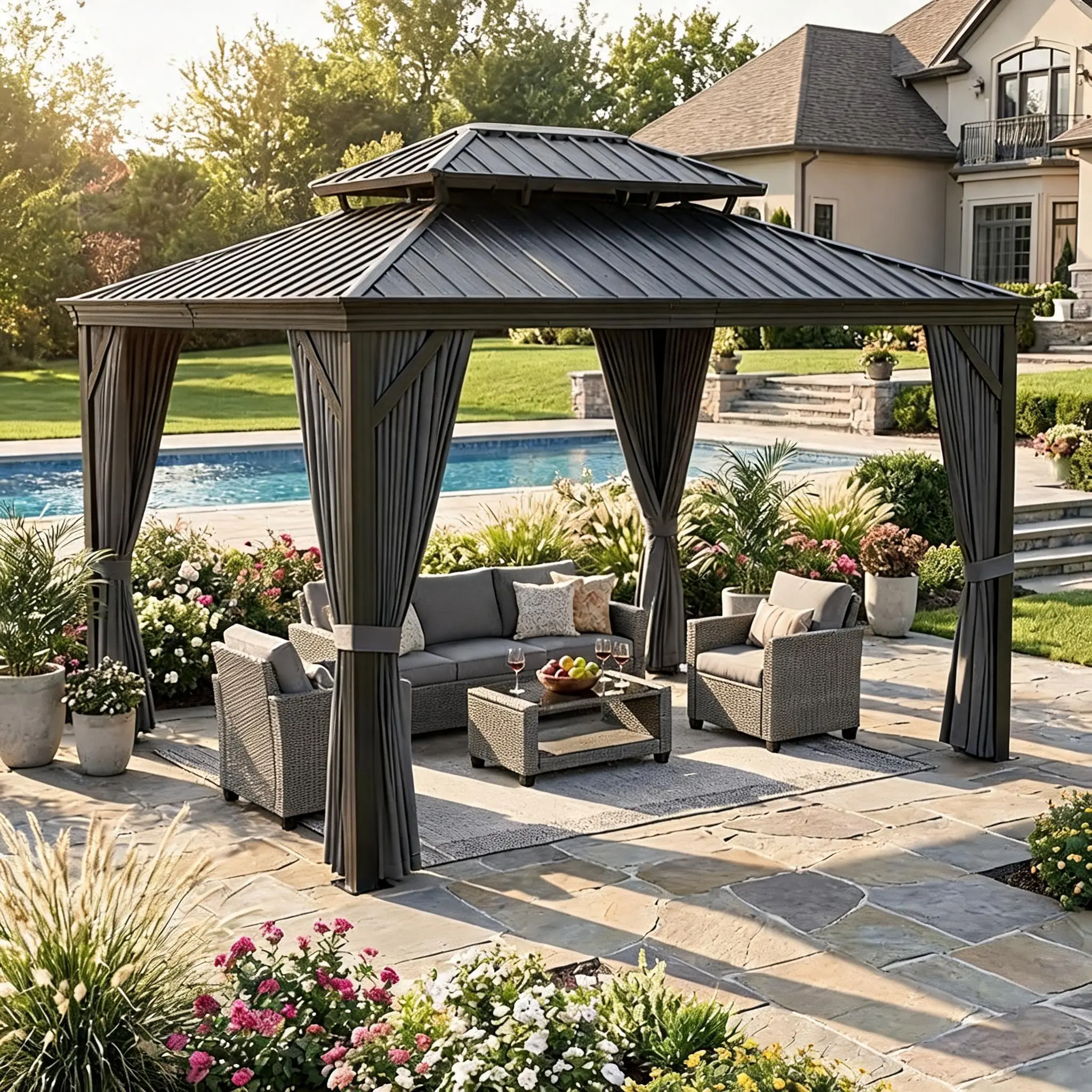 Heavy Duty Aluminum Hardtop Gazebo with Double Roof, Mosquito Netting & Privacy Curtains, Weather-Resistant Outdoor Pavilion for Patio, Garden, Deck, or Backyard, Reinforced Frame, Black, 12x14/12x16/12x18/12x20 FT(Multiple Packages)