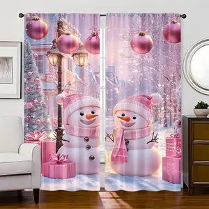 2-Piece set, Merry Christmas Pink Snowman Holiday Curtains - Rod Mount, Digital Printed Holiday Decor with Snowman Gifts and Winter Scene Patterns, Suitable for Living Room Kitchen Dining Room Home Decor, Christmas Decorations.
