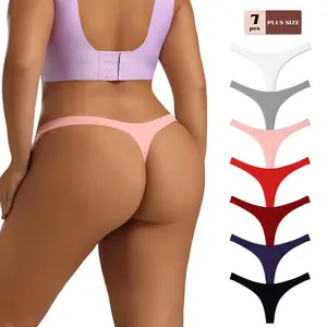 Hotcom Women's Plus Size High Waist Seamless T-Back Basic Thongs (7/14pcs Bundle Set Bulk Assorted Packaged), Soft Breathable Comfortable Lingerie with Elegant Scallop Trim, Solid Minimalist Machine Washable Everyday Underwear
