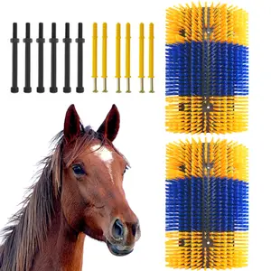 Heavy Duty Grooming & Itch Relief Scratching Brushes for Horses & Livestock – Keeps Stalls Clean, Prevents Fence Damage – Mounting Screws Included – Blue & Green