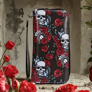Colorful skull long wallet, vintage skull pattern, Halloween print, women's clutch bag, zipper position random