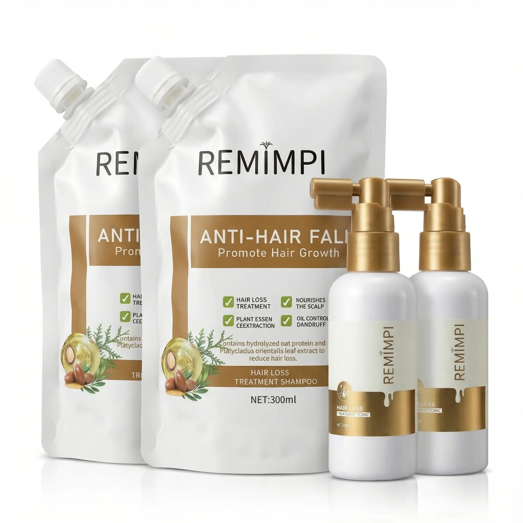 REMIMPI Complete Hair Routine Set | 2 Shampoo + 2 Hair Tonic | Anti Hair Loss & Hair Thickening System with Ginger, Ginseng & Herbal Extracts