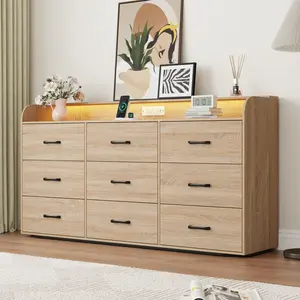63"  Dresser with 9 Drawers, LED Lights & Power Outlet, Wide Storage Chest with Metal Handles for Bedroom or Living Room