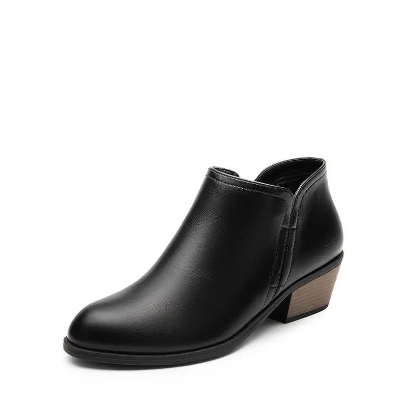 Dream Pairs Women's Vegan Leather Ankle Booties, Low Chunky Heel Almond Toe Shoes with Side Zipper, Comfortable for Walking or Business Wear, Synthetic, Walking Shoes, Ankle Length, Block Heel, Tpr Sole, Fake Suede, Casual, Black-Pu, Brown-Pu