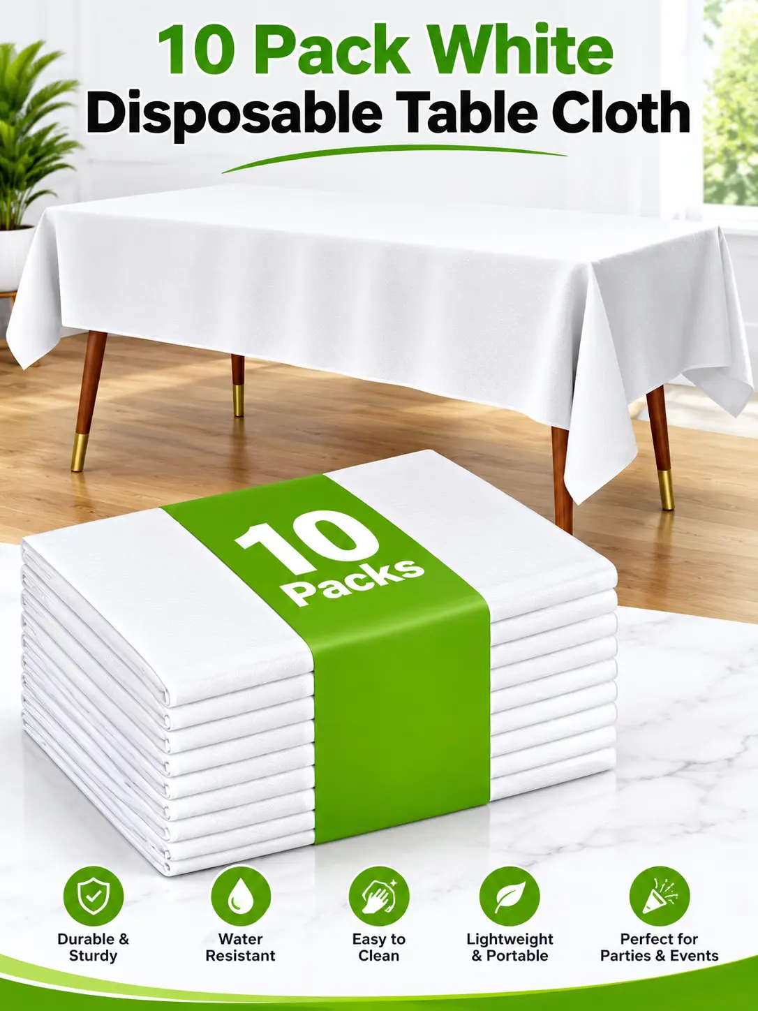 White Disposable Plastic Table Cloth 54 x 108 Inch 10 Pack | Rectangle Table Covers for Party, Picnic, Wedding & Events