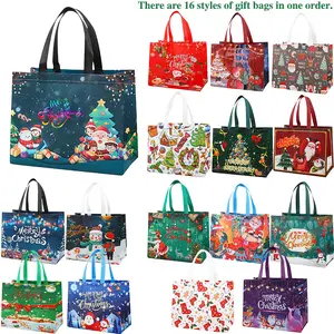 Giant Gift Bags 16/32-Pack - Holds 3 Wine Bottles & Groceries Reusable Xmas Designs for Parties Showers Gift Hauls Thick Handles Festive Prints Merry Christmas Unisex Shower Candy Bottles Non-Woven Tote