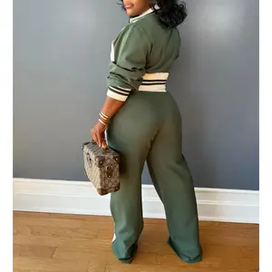 Women's Colorblock Print Zip Up Crop Jacket & Pants Two-piece Set, Casual Matching Set, Casual Fashion Cozy Breathable Two Piece Outfits for Daily Outdoor Wear, Women Clothes for Fall & Winter
