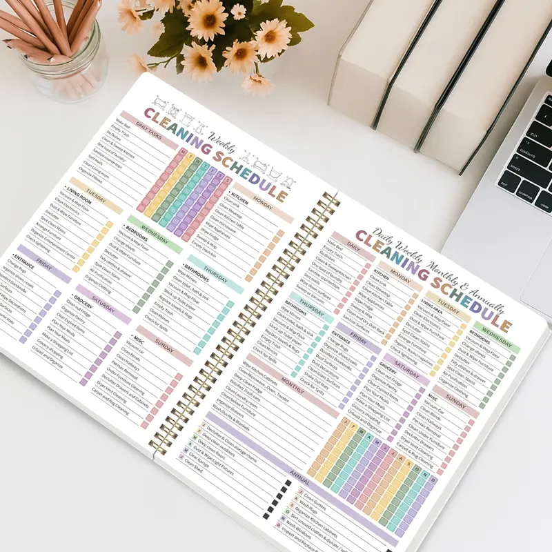 A5 Spiral-Bound Cleaning Planner, Cleaning Schedule and Checklist Organizer with Color-Coded Daily, Weekly, Monthly and Annual Tasks for Home Organization and Chore Management