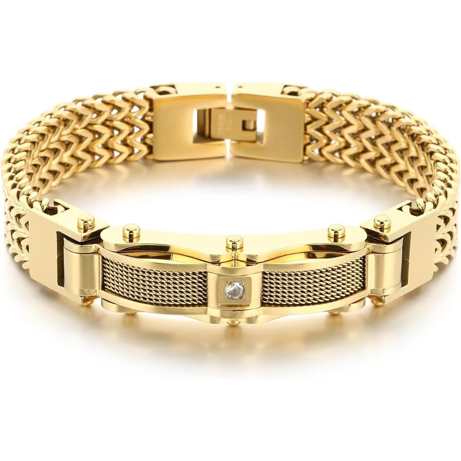Gold Stainless Steel Bracelet for Men with Cubic Zirconia, Cuban Franco Link Chain Gift for Him, Upgraded Clasp Gold Silver Black