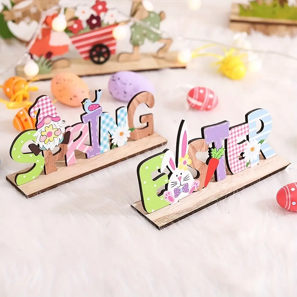 2 Bohemian style wooden Easter decorations - rabbit and carrot design, natural wooden spring tabletop center decoration, frameless home decor, Easter celebration decoration