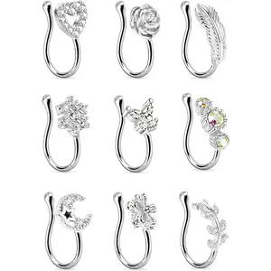 9 count  Nose Rings Hoop for Women Faux Cartilage Tragus Ring Nose Cuff Non Piercing  Set