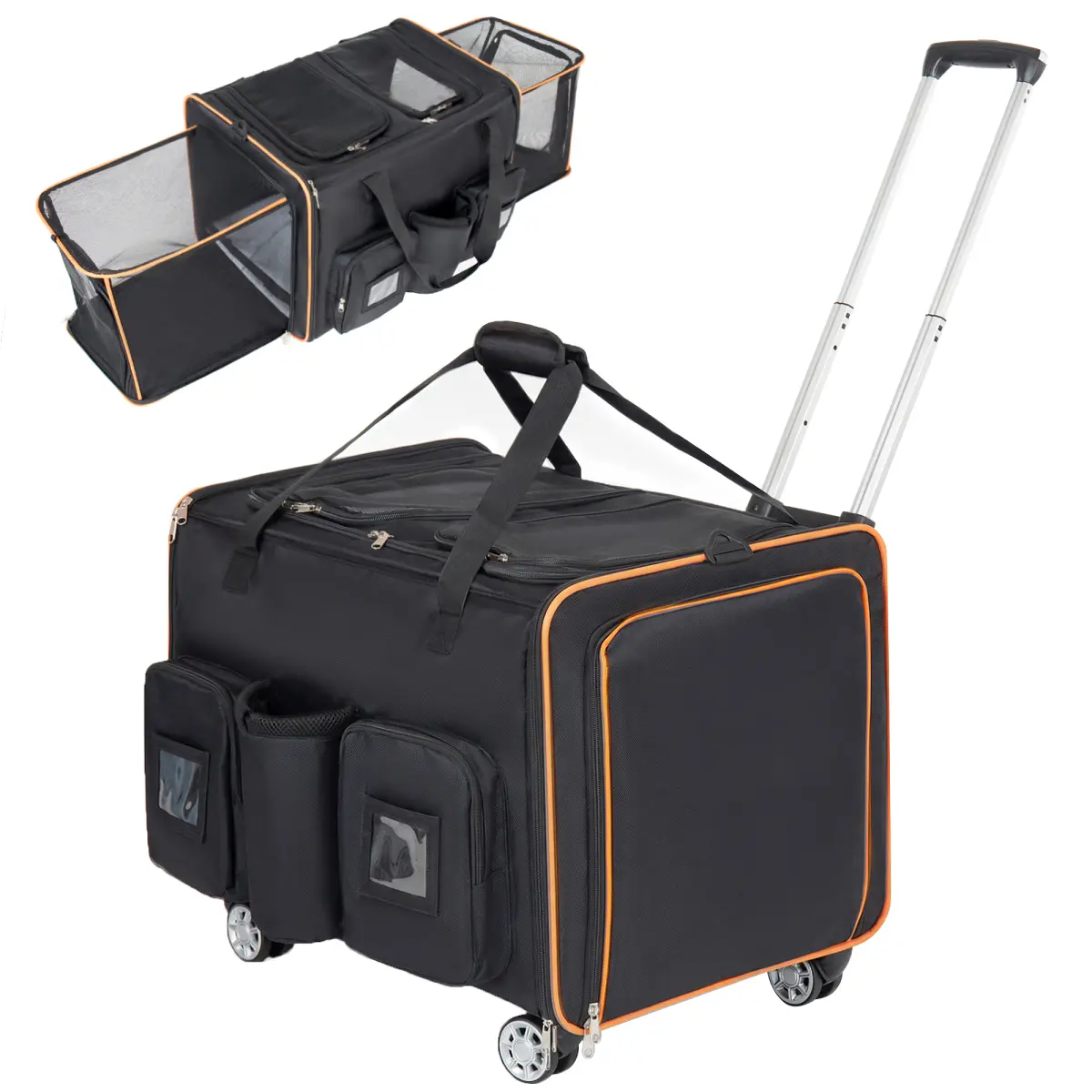 Large 2-in-1 Double Pet Carrier for 2 Cats - Rolling with Wheels, Expandable Foldable, Removable Divider, Breathable Mesh Oxford Fabric, Stainless Steel Metal Carrier Backpack, 24.00 x 16.50 x 36.50 in, 9.13 lbs, Car/Vet Travel Crate, Adjustable Shoulder,