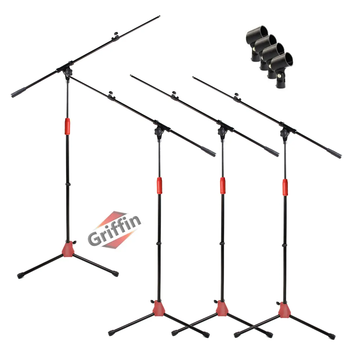 Tripod Microphone Boom Stand with Mic Clip Adapter (Pack of 4) by GRIFFIN | Adjustable Holder Mount For Studio Recording Accessories, Singing Vocal Karaoke, Live Stage | Folding Legs & Telescoping Arm