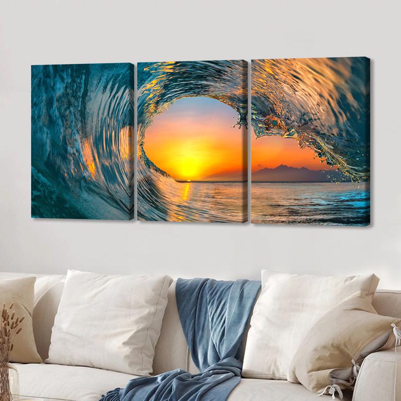 3Pcs Wooden Framed Canvas Painting, Ocean Sunset Beach Waves Scene, Exquisite Poster, Home Decoration, Pattern Wall Art Decor, For Living Room, Bedroom, Office, Restaurant, Bar Wall Decor, Odorless, Painting, Print Artwork.