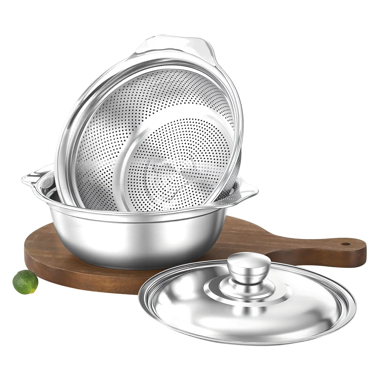3-in-1 Stainless Steel Colander with Basin - Multifunctional Drain Basket, Kitchen Food Strainer & Fruit Washing Set