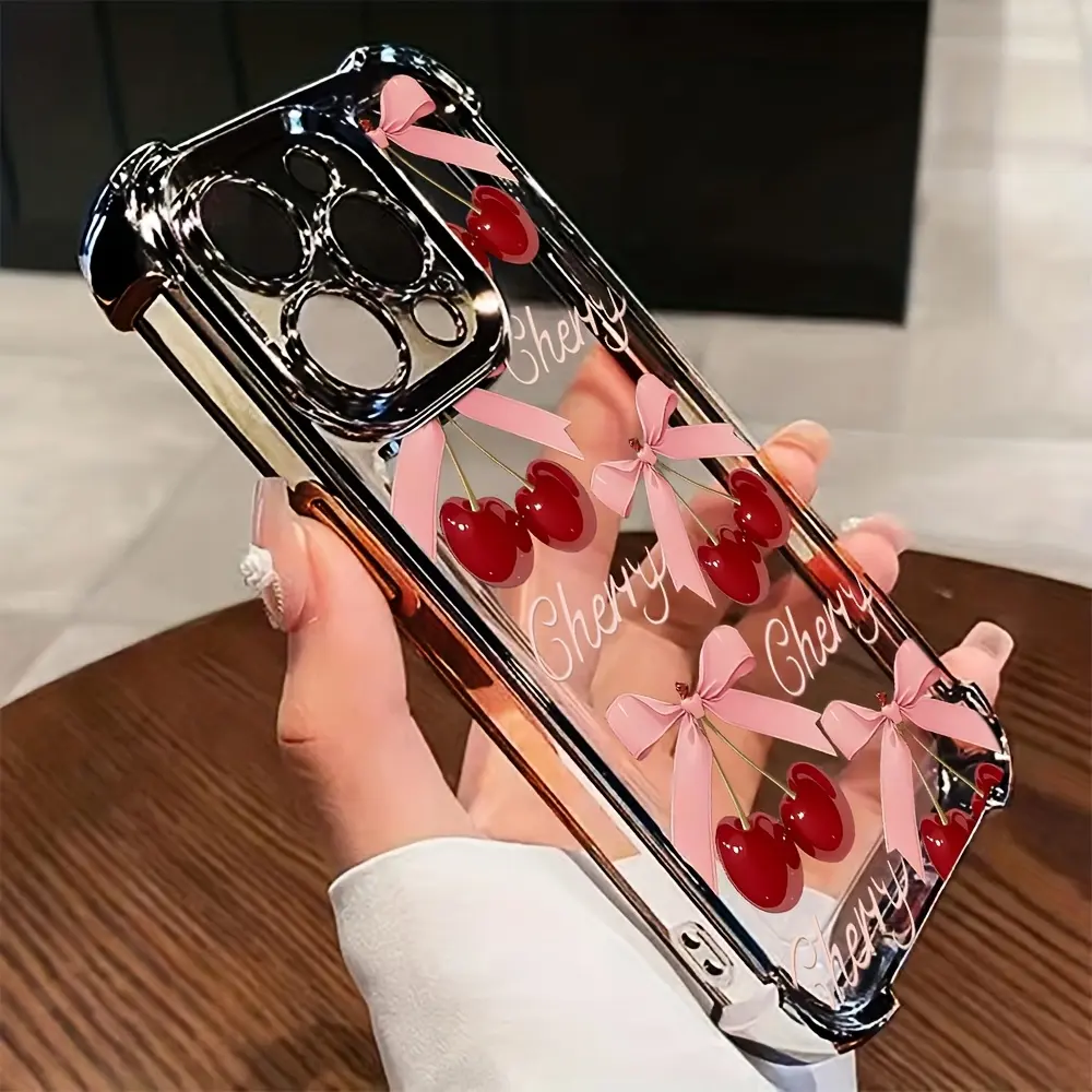 Silicone Smartphone Cover Protector - Cherry Bows Design, Thickened 4-Corner Shockproof Cushion, Electroplated Border, 2D Printing, Raised Edges, Camera Protection, Non-Slip Accessory for iPhone 11-18 Pro Max Plus, 14 Plus, Samsung Galaxy S22-S26 Ultra