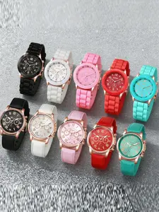 10 piece set of Geneva quartz watch, Casual Round Dial, Korean version, fashionable, casual, beautiful, colorful jelly, student sports, women's student watch