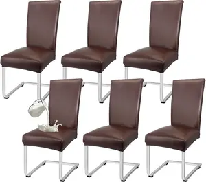 PU Leather Dining Chair Covers Removable   Chair Covers for Dining Chairs Set of 6, Stretchy & Soft High  Kitchen Chairs Cover Protectors (Brown)