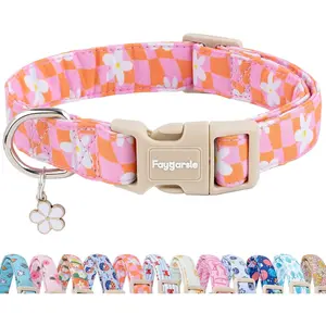 Floral Dog Collar, Pink and Orange Pattern with White Flowers, Spring Summer Design for Small Medium Large Dogs M