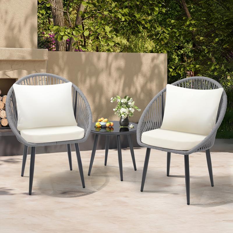 3-Piece All-Weather Bistro Set – Woven Rope Chairs with Cushions & Side Table, Modern Black Patio Set for Balcony, Poolside & Outdoor Lounging