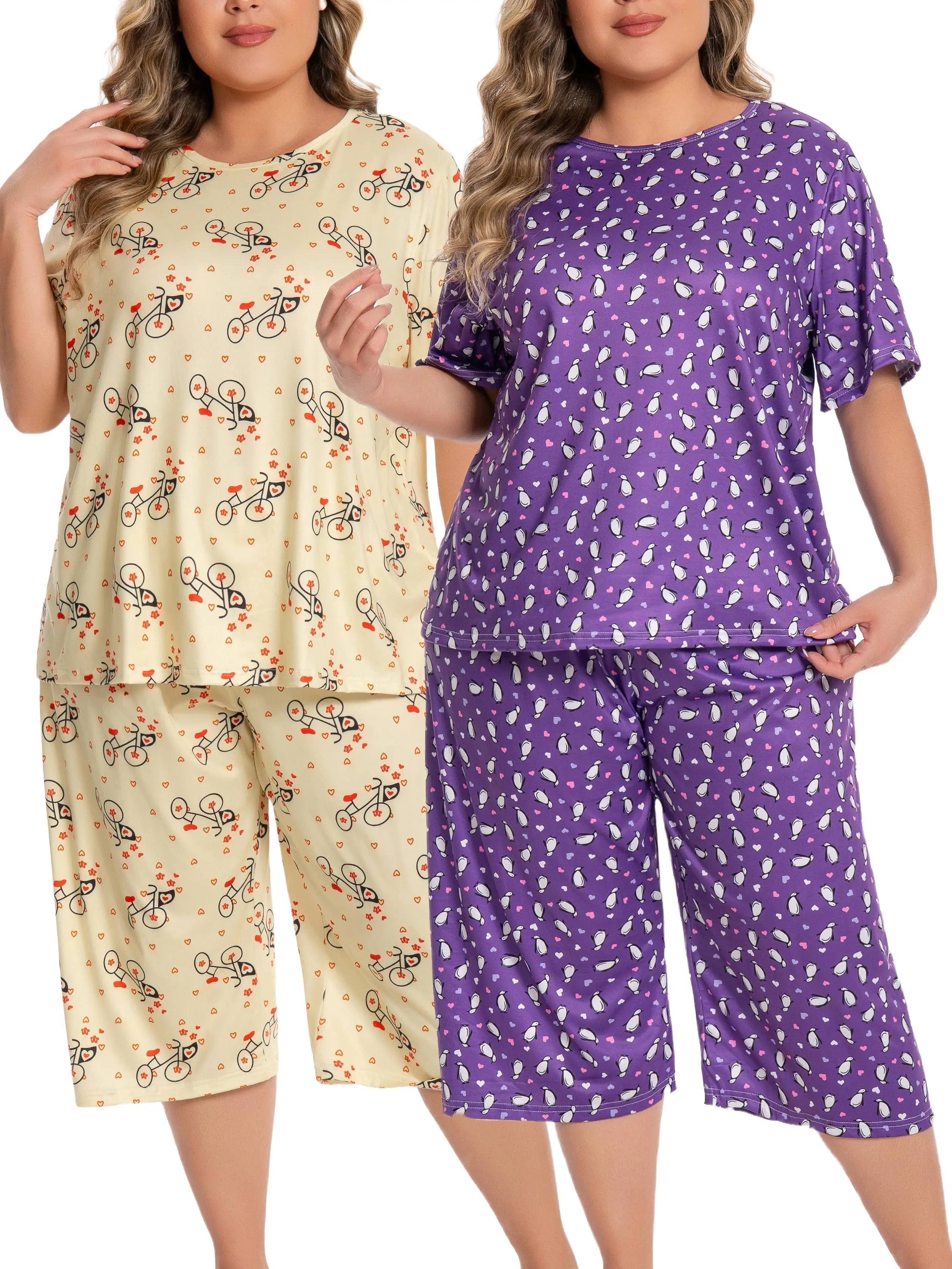Women's Plus Size Pajama Set, 2-Piece Casual Lip Print Loungewear, Shortsleeve Top and Capri Pants, Breathable Knit, Pyjamas, Clothes, Casual Wear, Knitting, Stripe, Nightwear, Soft, Lady, Fabric, Funny, Cute Pajamas, Comfy Sets, Knee-Length