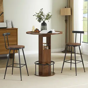 3-Piece Bar Table and Stool Set, 80.0cm Round Bar Table with 2 Stools, Compact Wooden & Steel Set, Ideal for Small Spaces, Living Room, Cafes