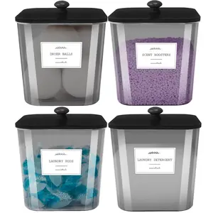 4 Pack Laundry Pods Containers & Powder Detergent Jars Set, Laundry Room Organization and Storage, Black Plastic Laundry pod holder with Lids, Scoops & Labels for scent booster, Dryer Balls, Beads