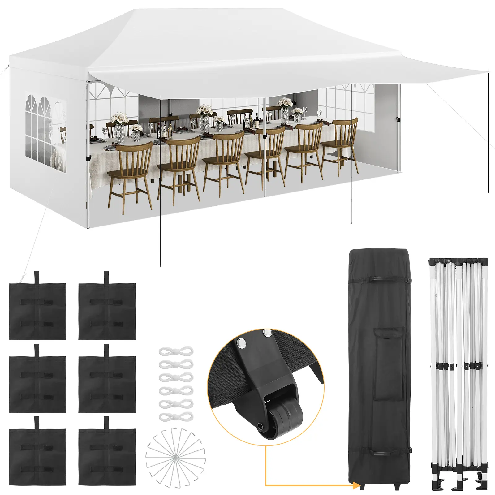 White 10 x 20 ft Heavy Duty Pop Up Canopy Tent with Awning, 6 Removable Sidewalls, 6 Sand Bags and Roller Bag, Waterproof and UV-Proof, Adjustable Height – Commercial Gazebo for Parties, Weddings or Backyard Events