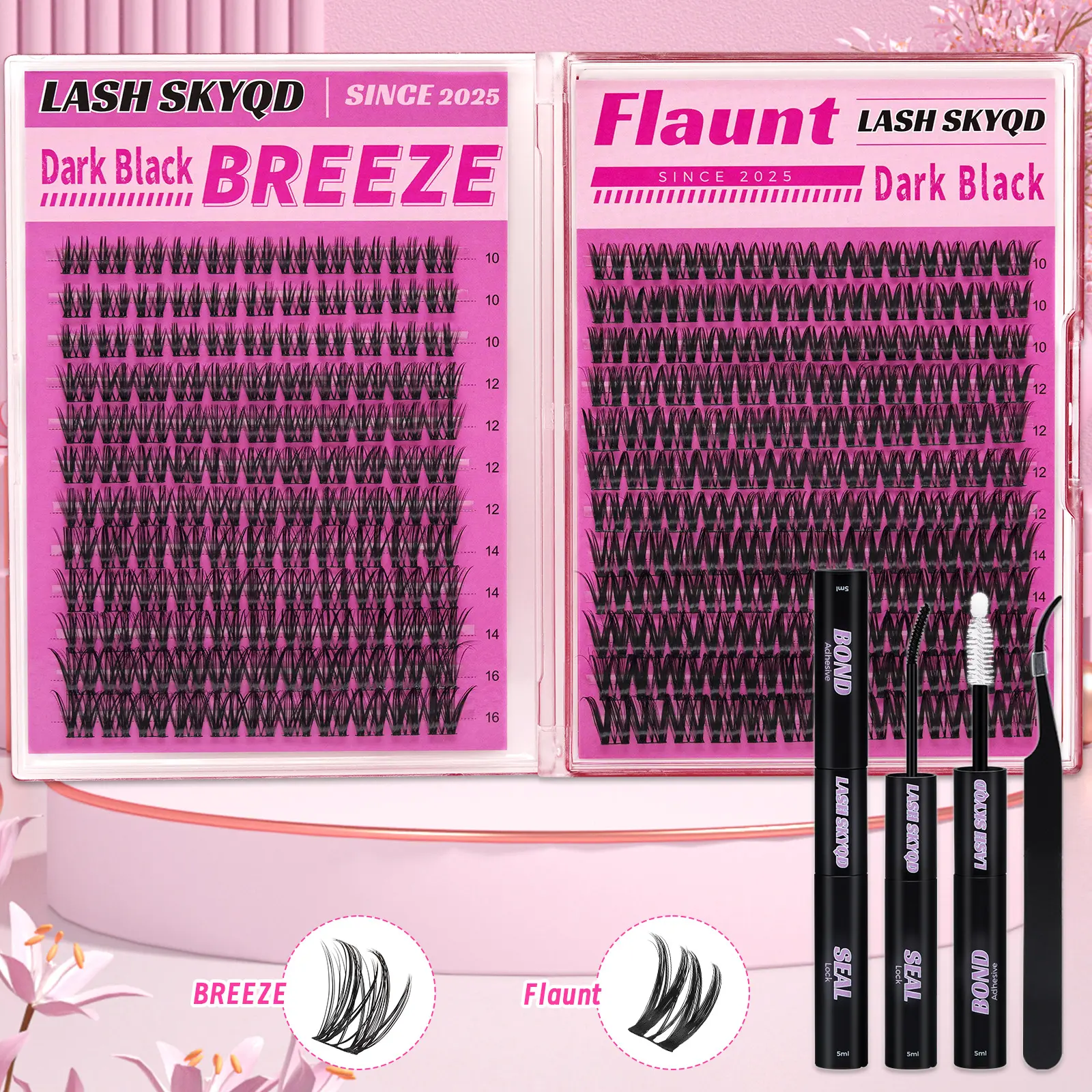 LASH SKYQD BREEZE & Flaunt 276pcs D Curl Black False Eyelash Cluster Kit - 10-16mm Mix Wispy Eyelash Extensions with Bond, Seal, Tweezers, Fluffy, Soft Clusters, Beginner Friendly, Longer Looking for Daily DIY Makeup, Eyelashes Extensions, Fluffy Lashes,