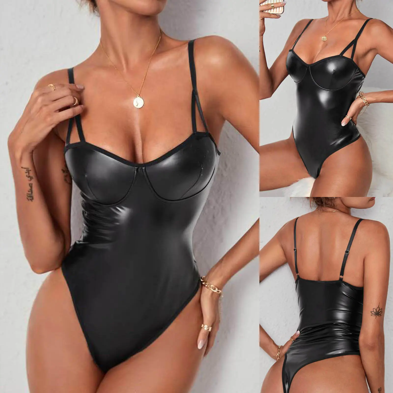 Faux Leather Lace Patchwork Backless Sexy Patent Leather Tie Neck Lingerie