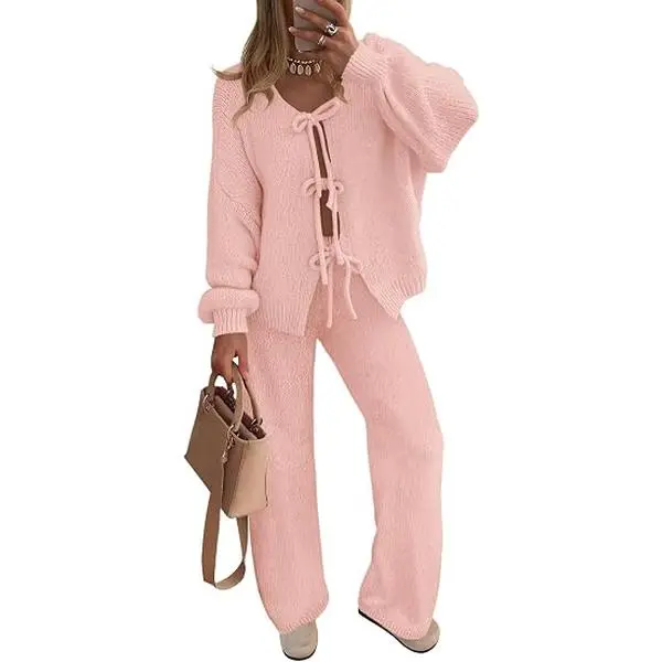 ZESICA Women's 2 Piece Outfits 2026 Fall Lounge Pajama Sets | Long Sleeve Cardigans, Wide Leg Pants, Tie Front, Matching Winter Clothes, Comfy Airport Travel Sweater Outfits