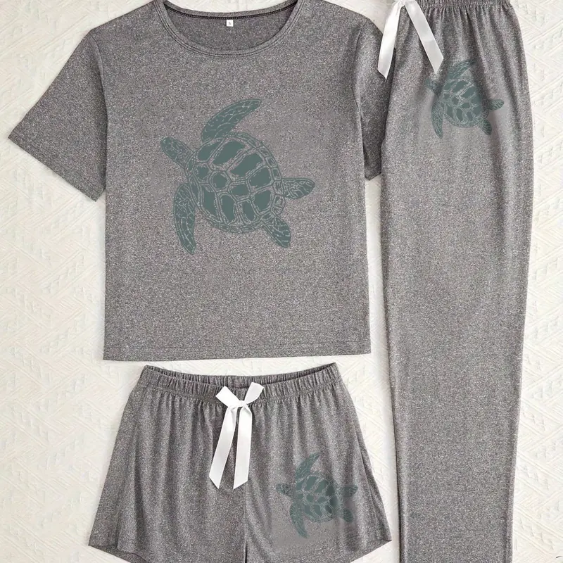 Turtle Three-Piece Home Wear Loungewear Set, Casual Loose-Fitting Cartoon Pattern, All Seasons Comfortable Sleepwear Pajama, Ideal for Daily Use
