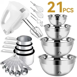 Electric Hand Mixer Mixing Bowls Set, Upgrade 5-Speeds Mixers with Silver Nesting Stainless Steel Mixing Bowl, Measuring Cups and Spoons Whisk Blender - Baking Supplies for Cooking cream