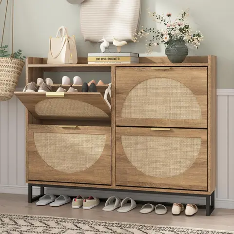 Vabches Rustic Rattan-Wood Freestanding Shoe Storage Rack - Narrow Organizer with Flip-Open Access, Display Riser, Plant & Key Shelf, Metal Legs, Rustic Oak Finish, 25kg Capacity, for Beauty & Household Items, Entryway Indoor Furniture
