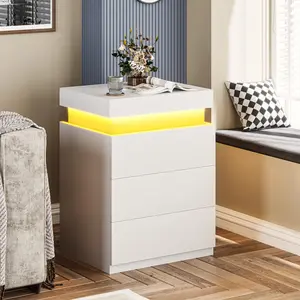 SIKAIC Modern RGB LED Nightstand with Charging Station, 2 USB Ports, 2 Outlets, Sliding Drawer & White Finish - Bedroom Indoor Storage Furniture