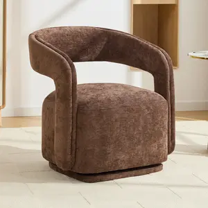 Chenille Fabric Swivel Accent Armchair Comfy Barrel Leisure Chair With Curved Backrest Upholstered Reading Chair Black Swivel Base 22 Inch Seat Depth Width 360° Rotation