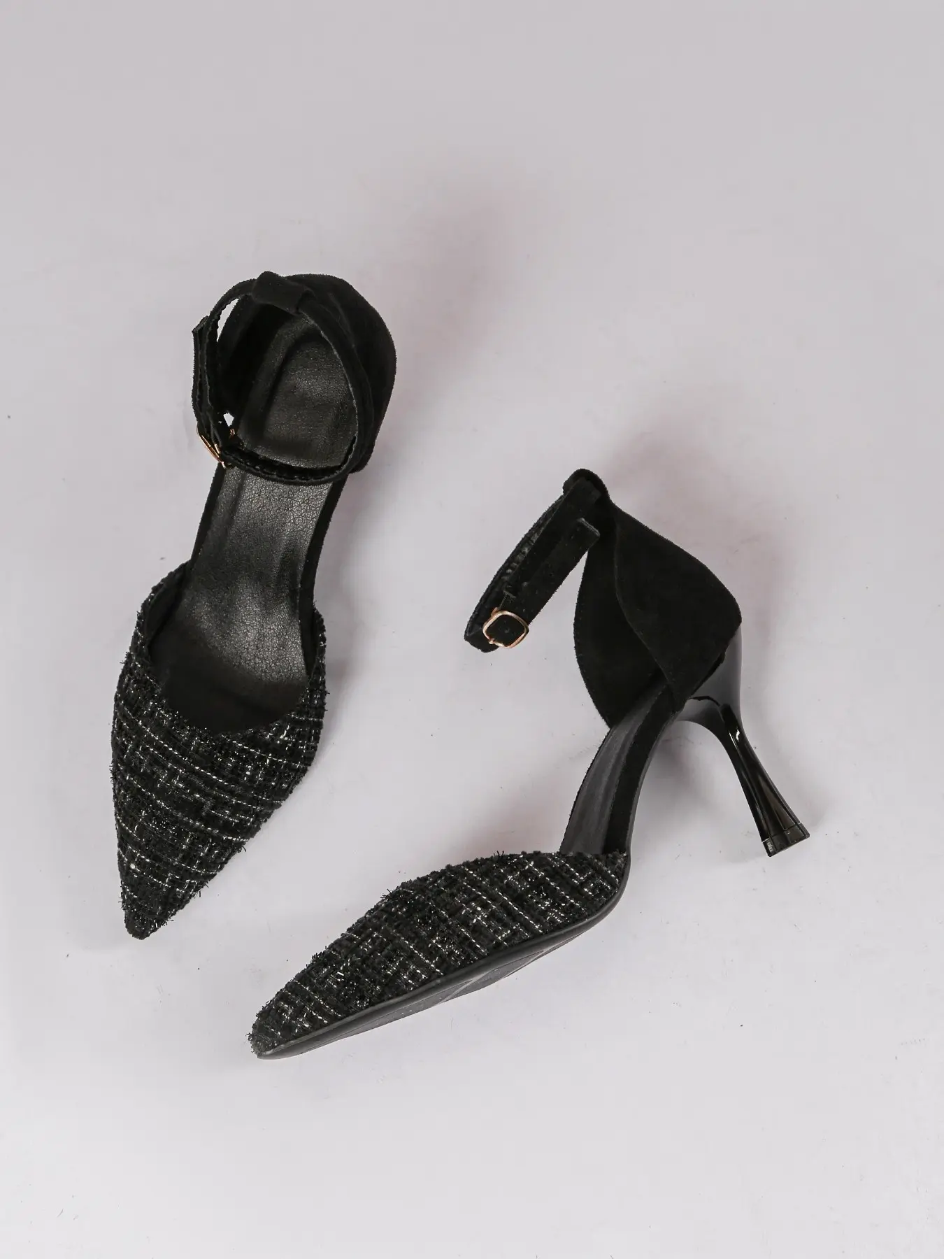 Women's Tweed Pointed Toe Stiletto Heel Pumps with Two Style Ankle Straps, Elegant Style Shoes, Comfortable & Durable Design #StilettoHeels #AnkleStrapPumps #TweedShoes #WomensFootwear