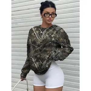 Women's Camo Print Drop Shoulder Pullover, Casual Long Sleeve Round Neck Sweatshirt for Fall & Winter, Women's Clothes for Daily Wear, Womenswear
