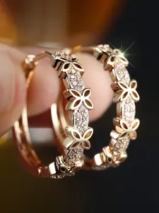 Women's Fashion Colorful Cubic Zirconia Hollow Four-Leaf Clover Round Earrings, Elegant Design for Party Wedding Gift, Zirconia Hoop Earrings, Statement Earrings, Sparkling Zirconia, Hoop Shape Earrings