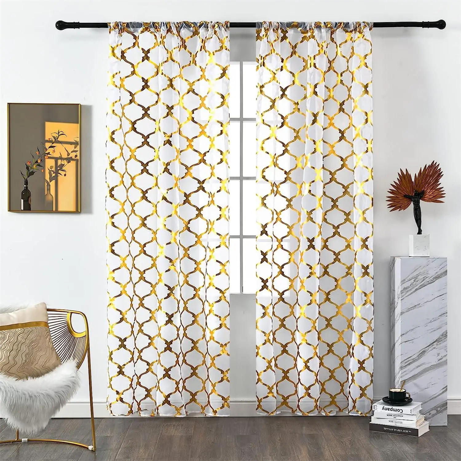 Geometric Pattern Printed Sheer Curtain, 2 Counts Modern Simple Window Curtain, Window Drapes for Home Living Room Bedroom Decor