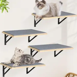 Cat Wall Shelves Set of 4, Wood Cat Shelves for Wall, Cat Wall Bed Hammock with Scratching Pad, Cat Climbing Shelf for Sleeping Playing, Cat Window Perch for Big Cats, Cat Furniture Indoor