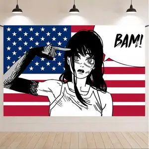 Chainsaw Man Makima "BAM!" Tapestry - Iconic Manga Scene & US Flag Wall Art
