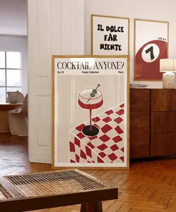 Retro Cocktail Bar Cart Print, Hand-Drawn Martini Poster, Kitchen Wall Decor, Funky Red Aesthetic Wall Art for Apartment, Gift