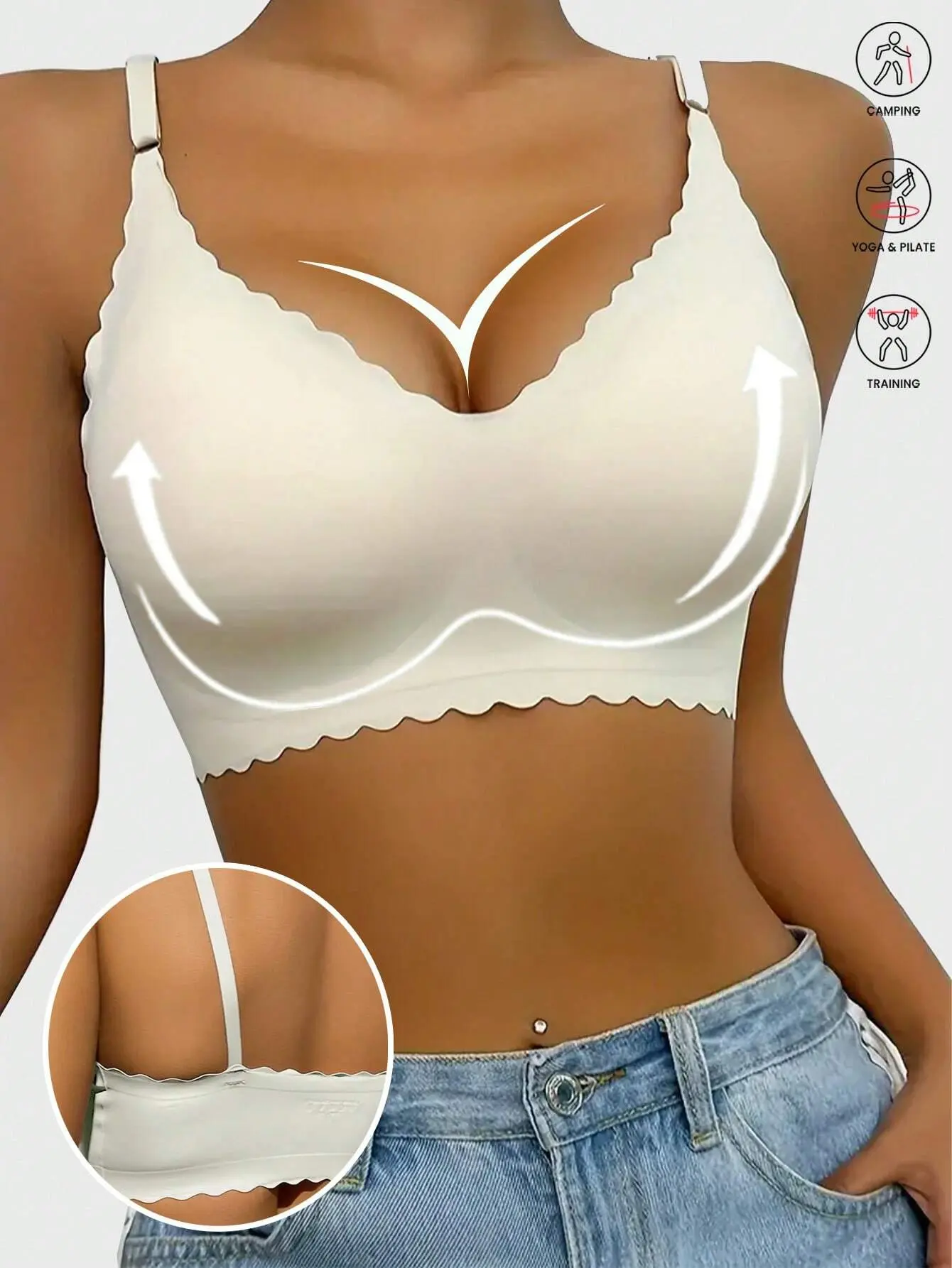 3PCS No Underwire Wave Bra, Deep V Neckline, Anti-Slip, Removable Cups, Supportive for Sleep ,Daily