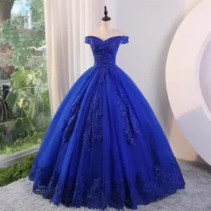 Off-Shoulder New Blue Coming-of-Age Evening Dress Lace Ball Gown Puffy Skirt Catwalk Art Exam Host Colorful Tulle Dress Formal Womenswear